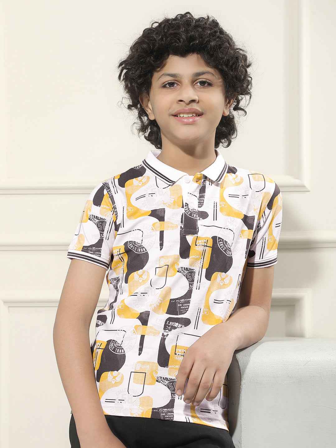 Mustard Graphic Print Polo Neck T-Shirt