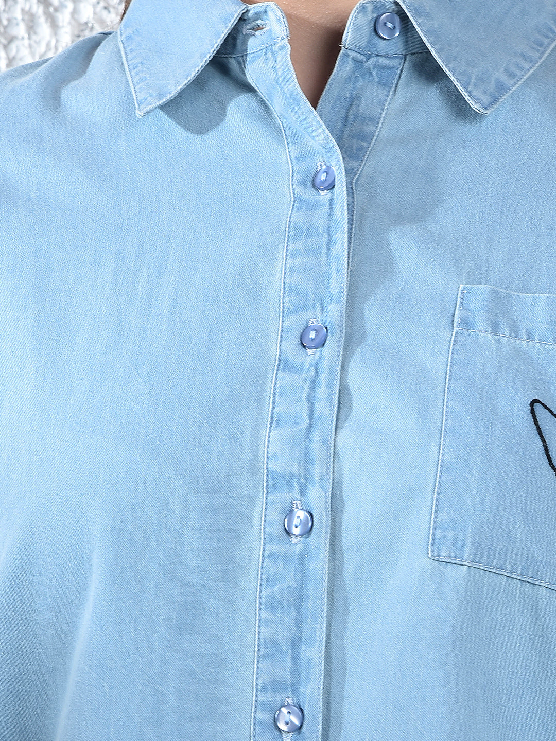 Blue Embroidered 100% Cotton Denim Shirt