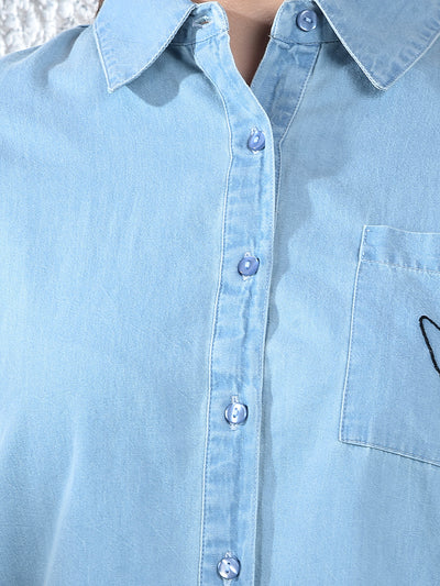 Blue Embroidered 100% Cotton Denim Shirt