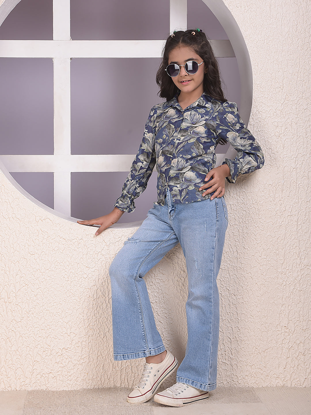 Blue Floral Print Modal Shirt