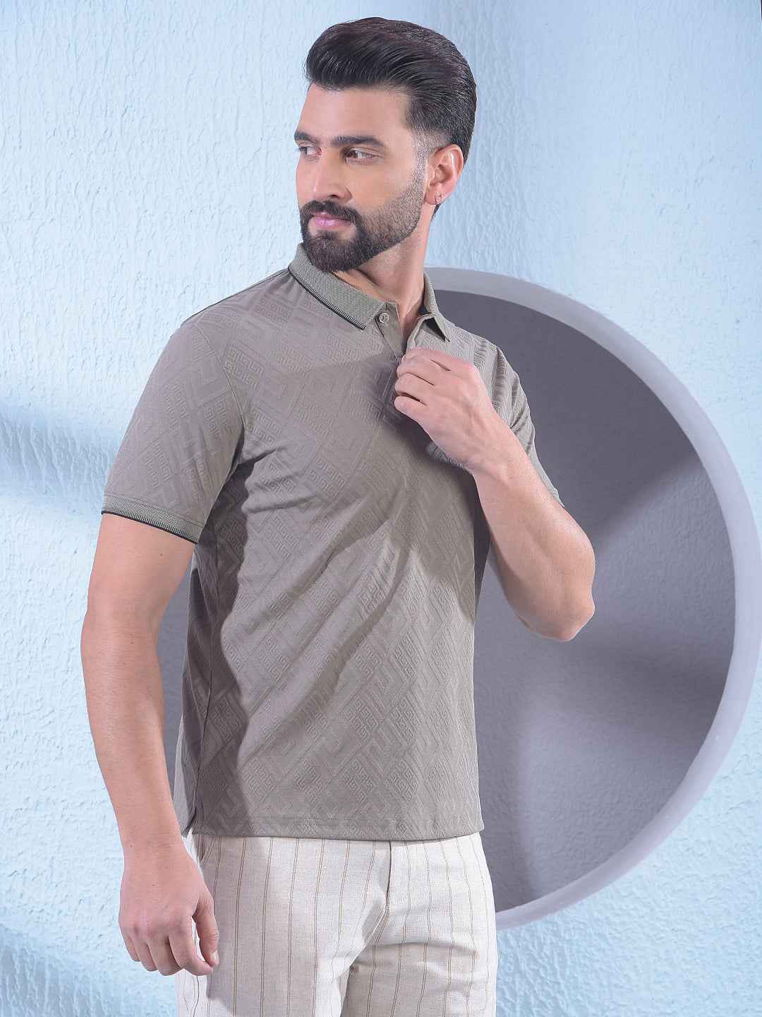 Olive Jacquard Polo Neck T-Shirt