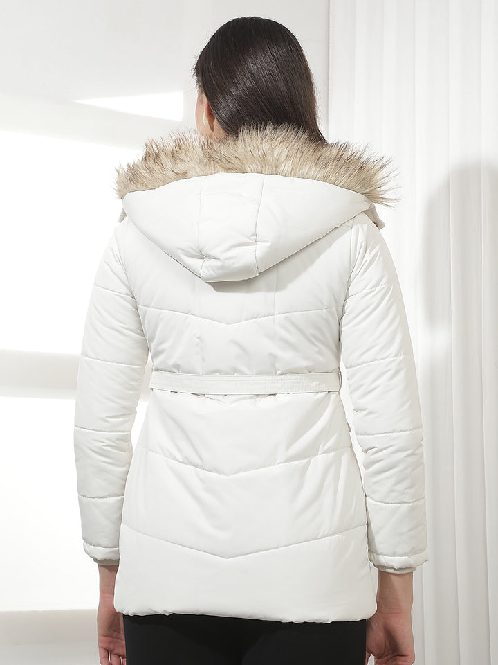 Cream Hooded Puffer Jacket With Belt