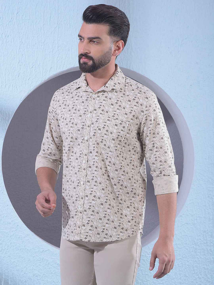 Beige Linen Floral Print Shirt