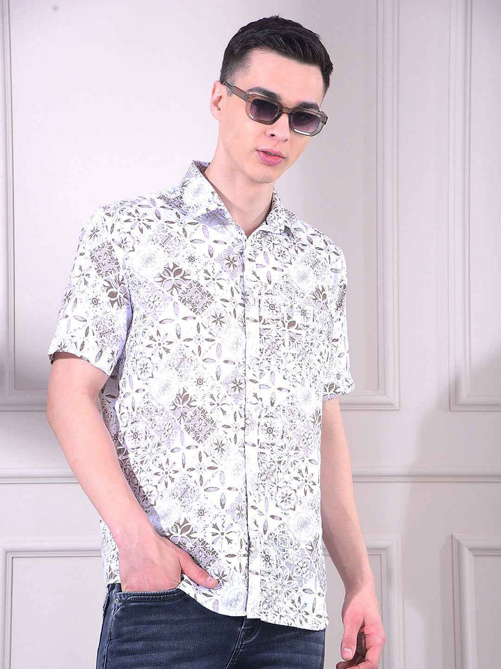 Brown 100% Cotton Floral Print Shirt