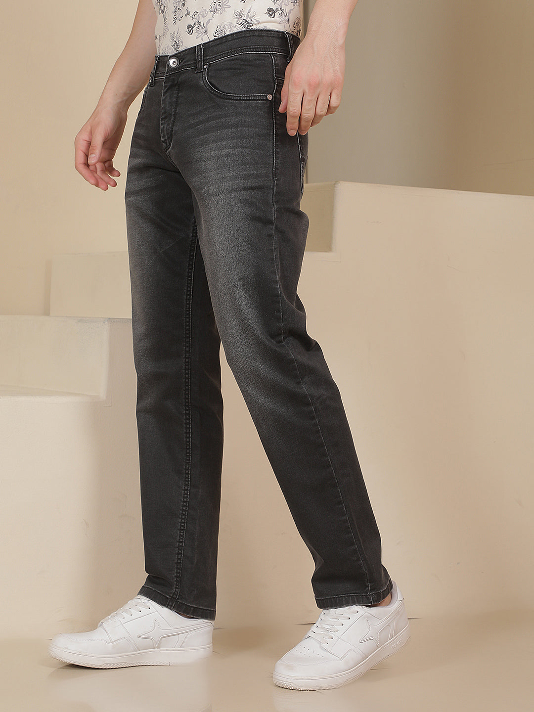 Grey Cotton Straight Jeans