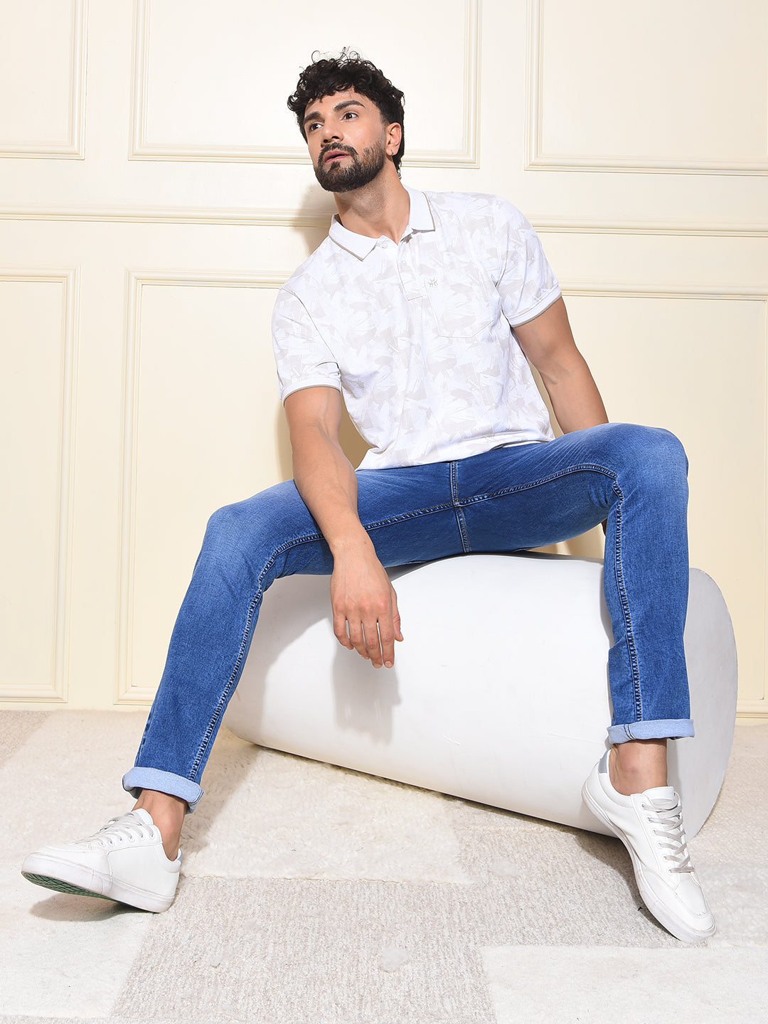 Beige Printed Polo-Neck T-Shirt