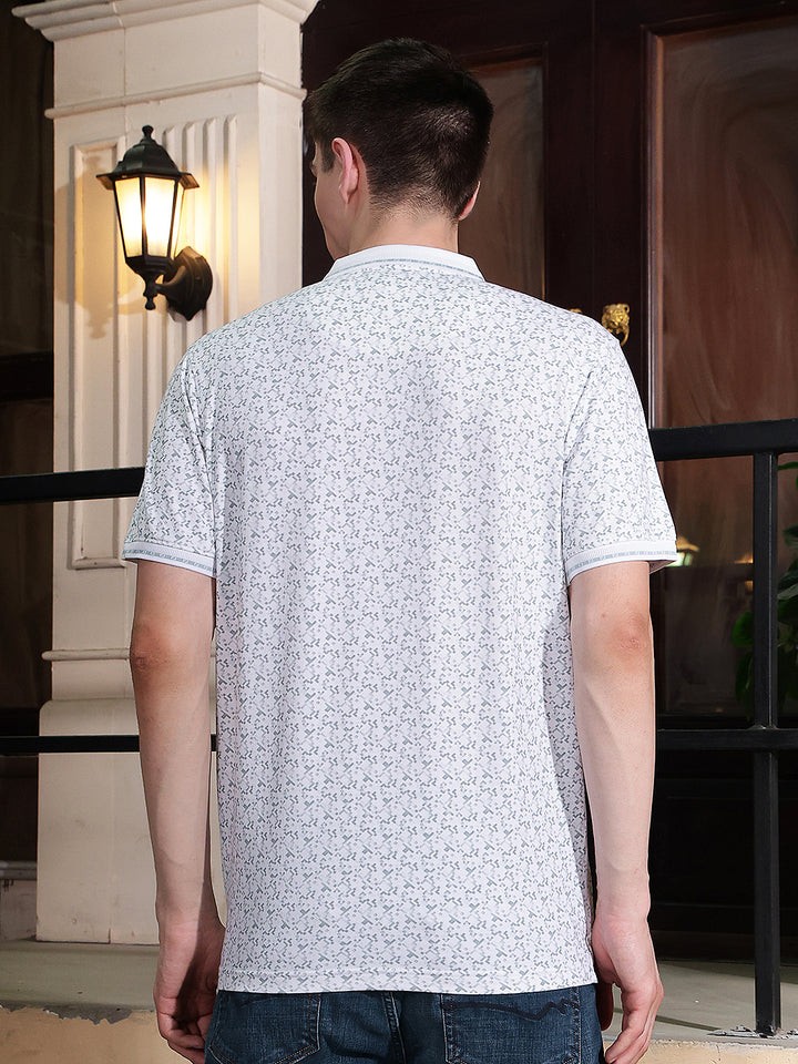 Grey Geometric Print Polo Neck T-Shirt