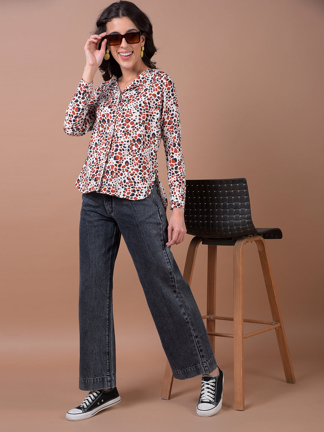Maroon Printed V-Neck Shirt