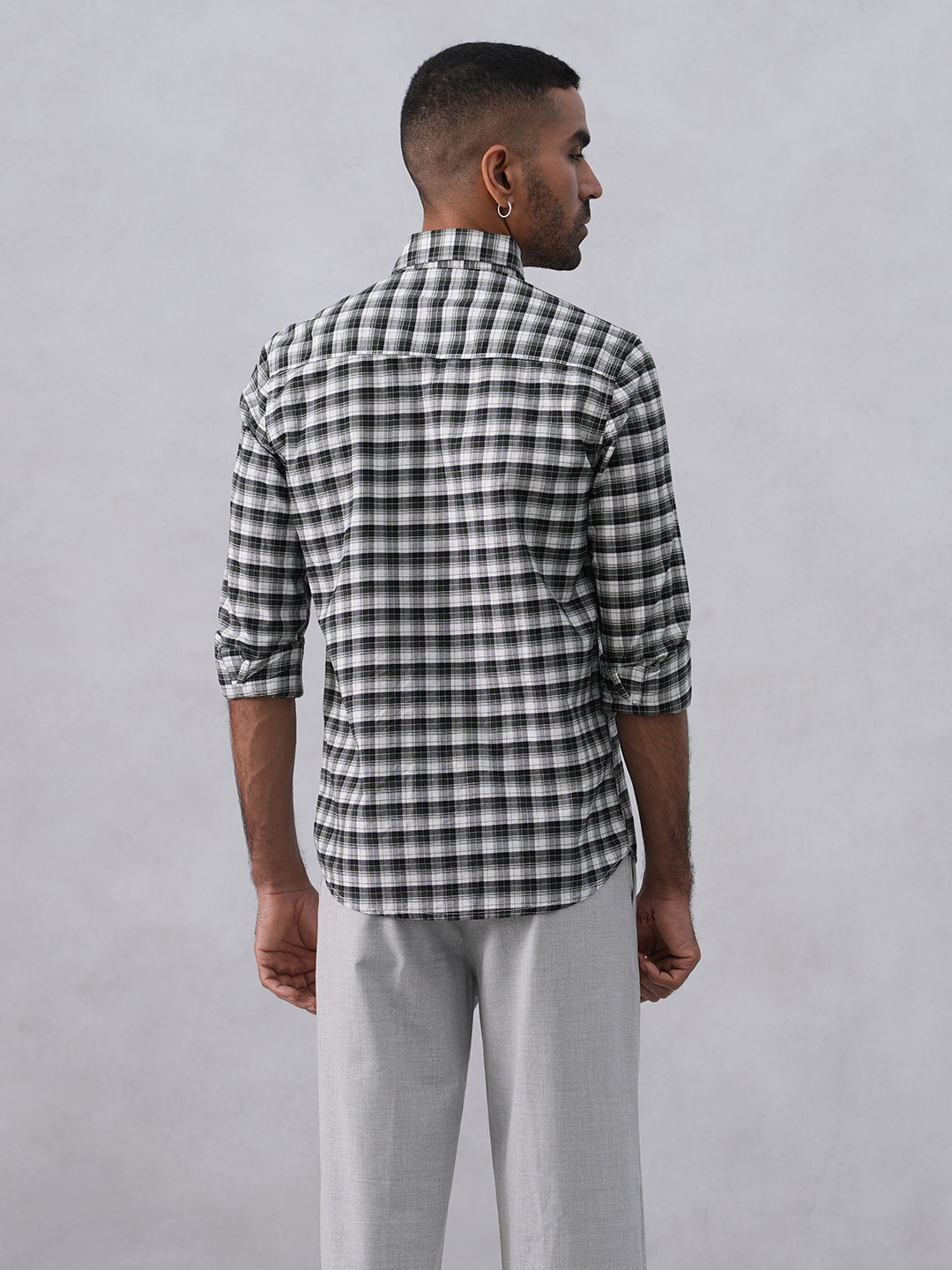 Green Checked 100% Cotton Button-Down Collar Shirt
