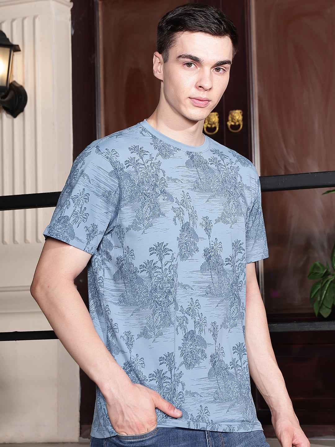Sky Blue Round Neck Tropical Printed T-Shirt