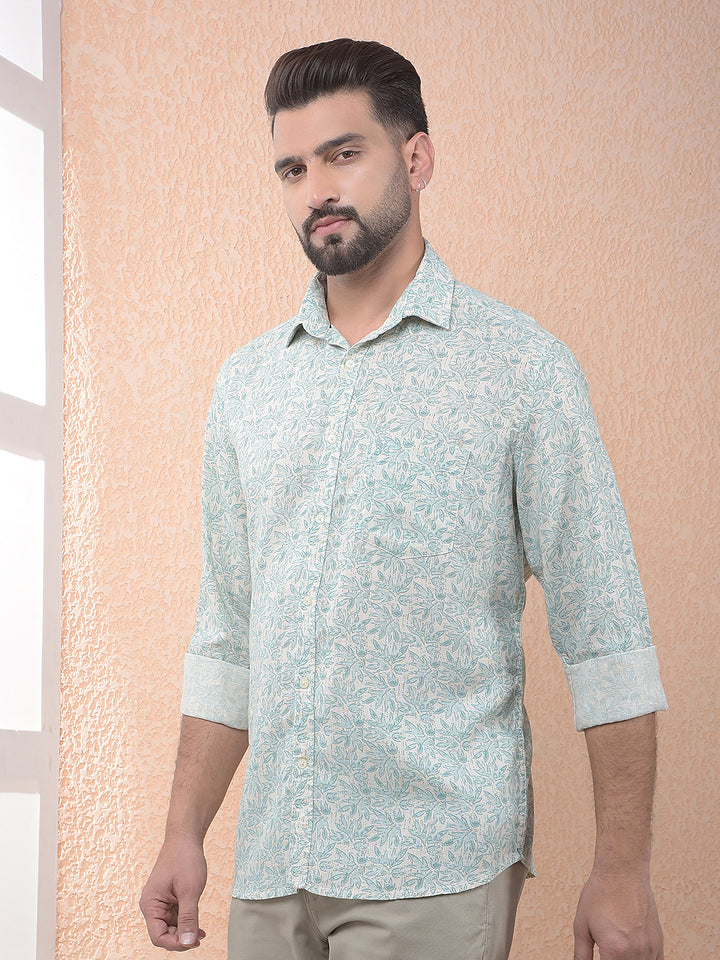 Green Floral Print Linen Shirt