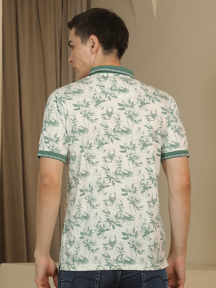 Green Floral Print Polo Neck T-Shirt