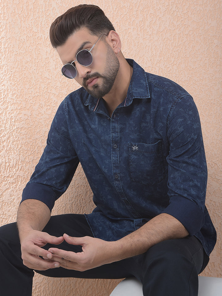 Navy Blue Printed 100% Cotton Shirt