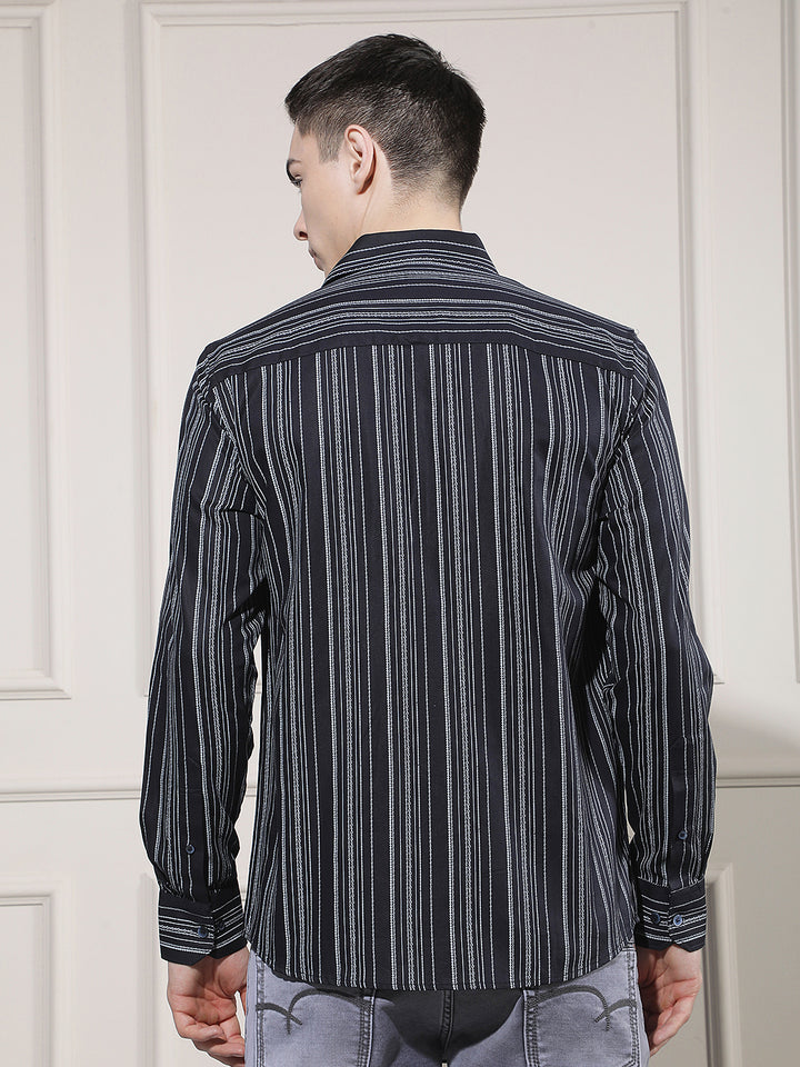 Navy Blue Vertical Striped Shirt