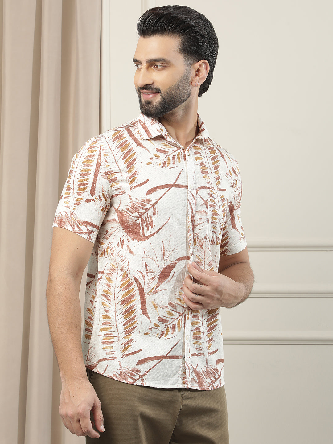 Red Floral Print Linen Shirt