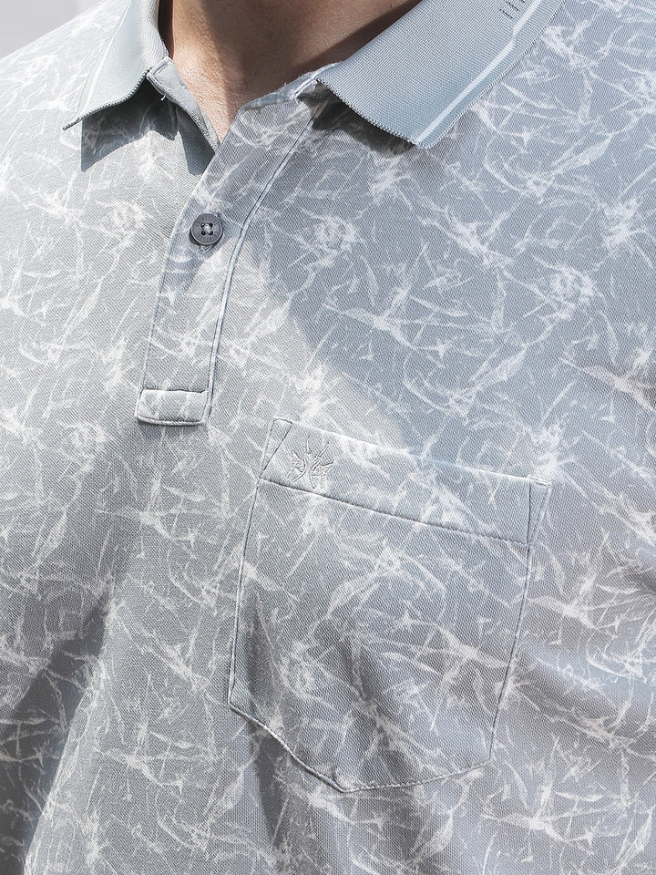 Grey Abstract Print Polo Neck T-Shirt