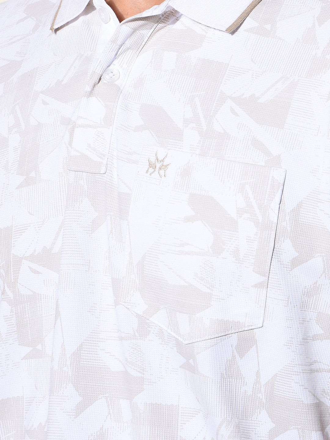 Beige Printed Polo-Neck T-Shirt