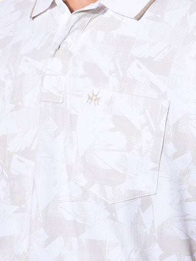 Beige Printed Polo-Neck T-Shirt