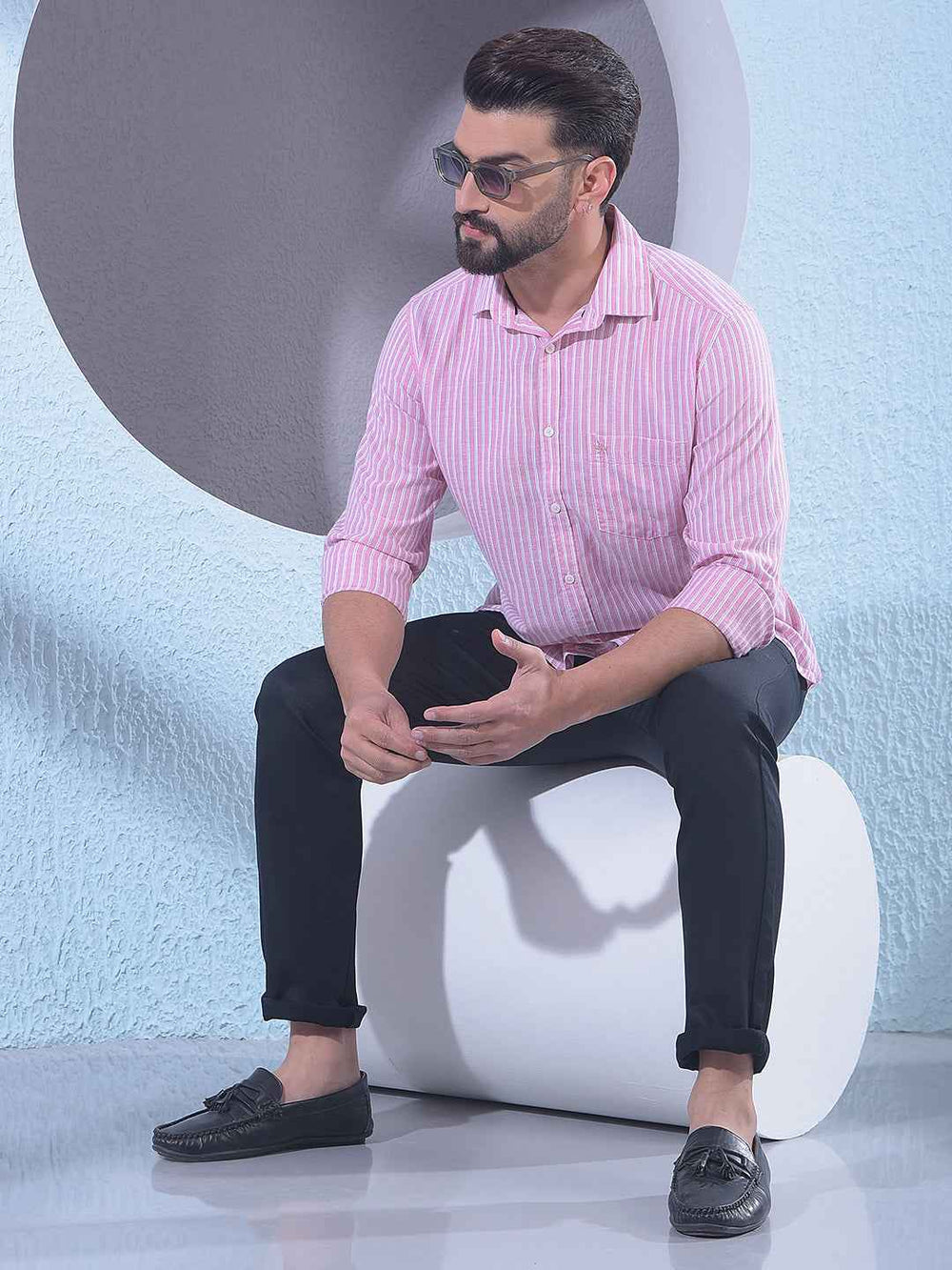 Pink Linen Vertical Stripes Shirt