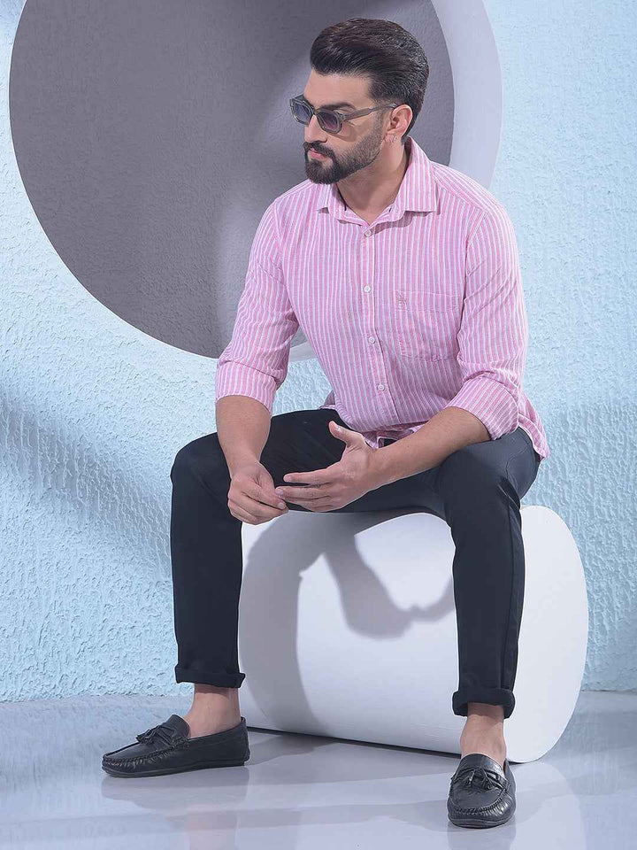 Pink Linen Vertical Stripes Shirt