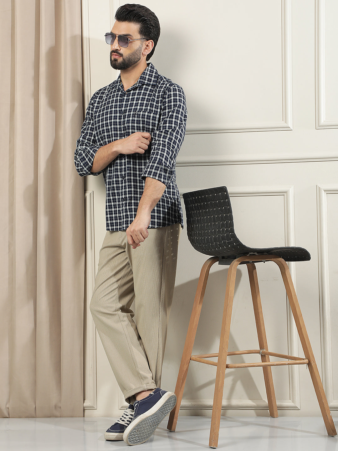 Navy Blue 100% Cotton Checked Shirt