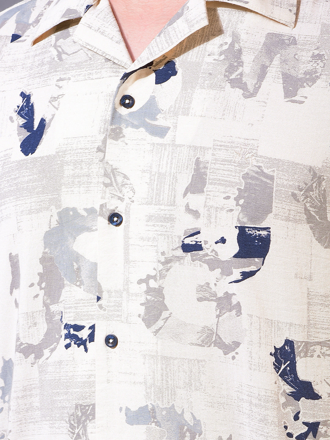 Blue Typographic Print Resort-Collar Linen Shirt