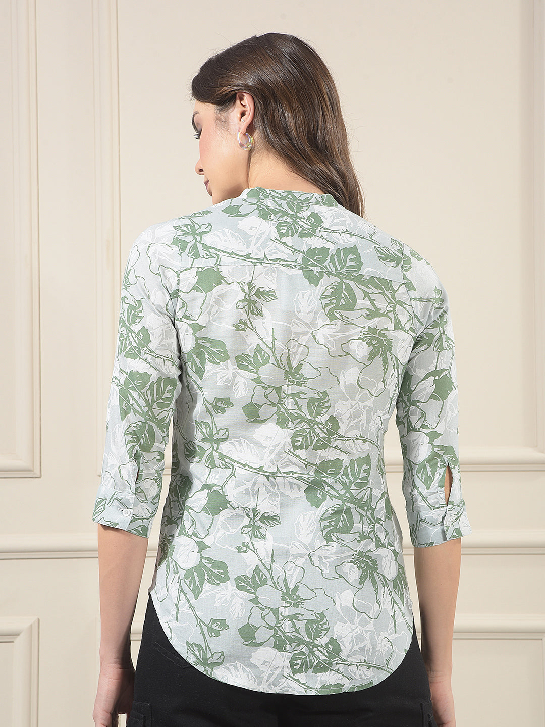 Green Floral Print V-Neck Linen Top