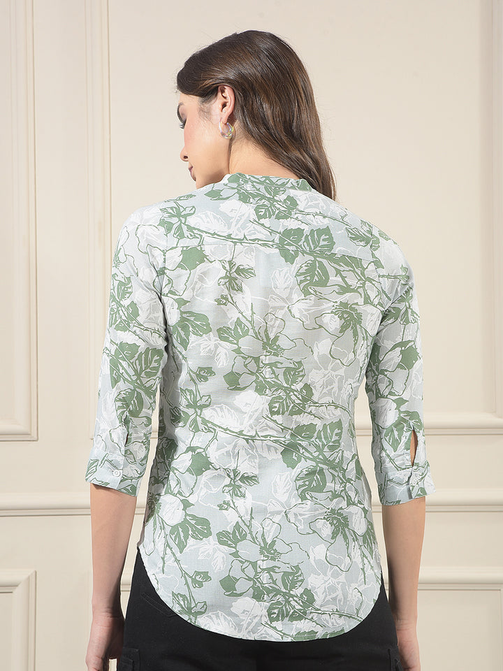 Green Floral Print V-Neck Linen Top