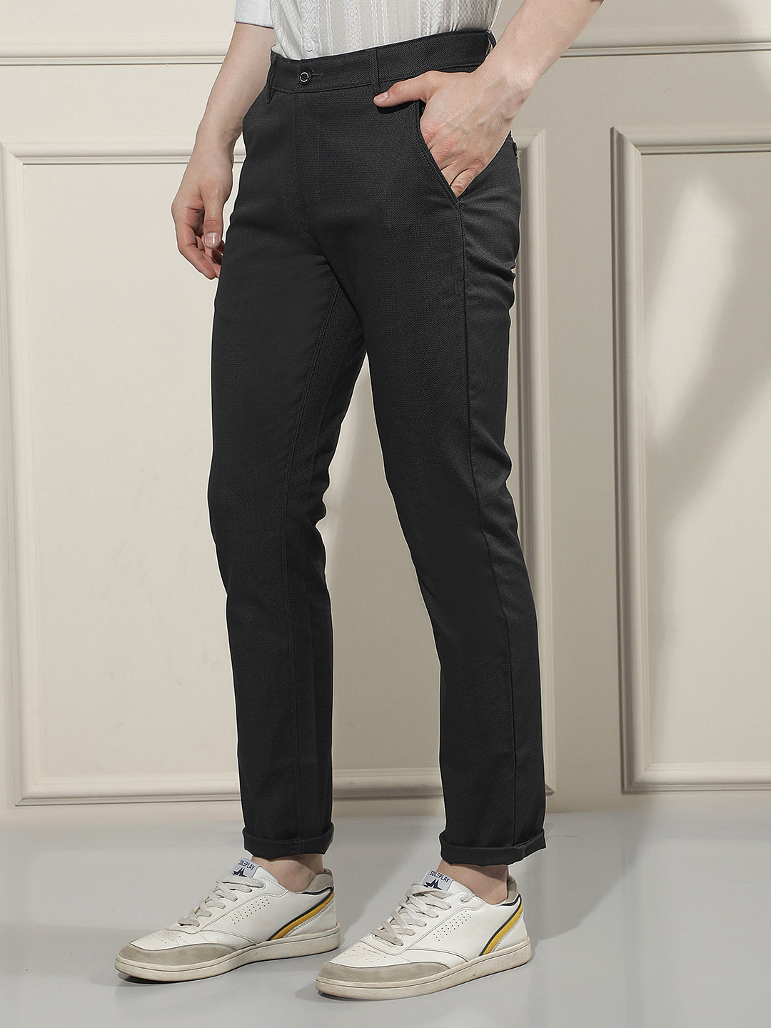 Minimalist Raven Black Textured Trousers