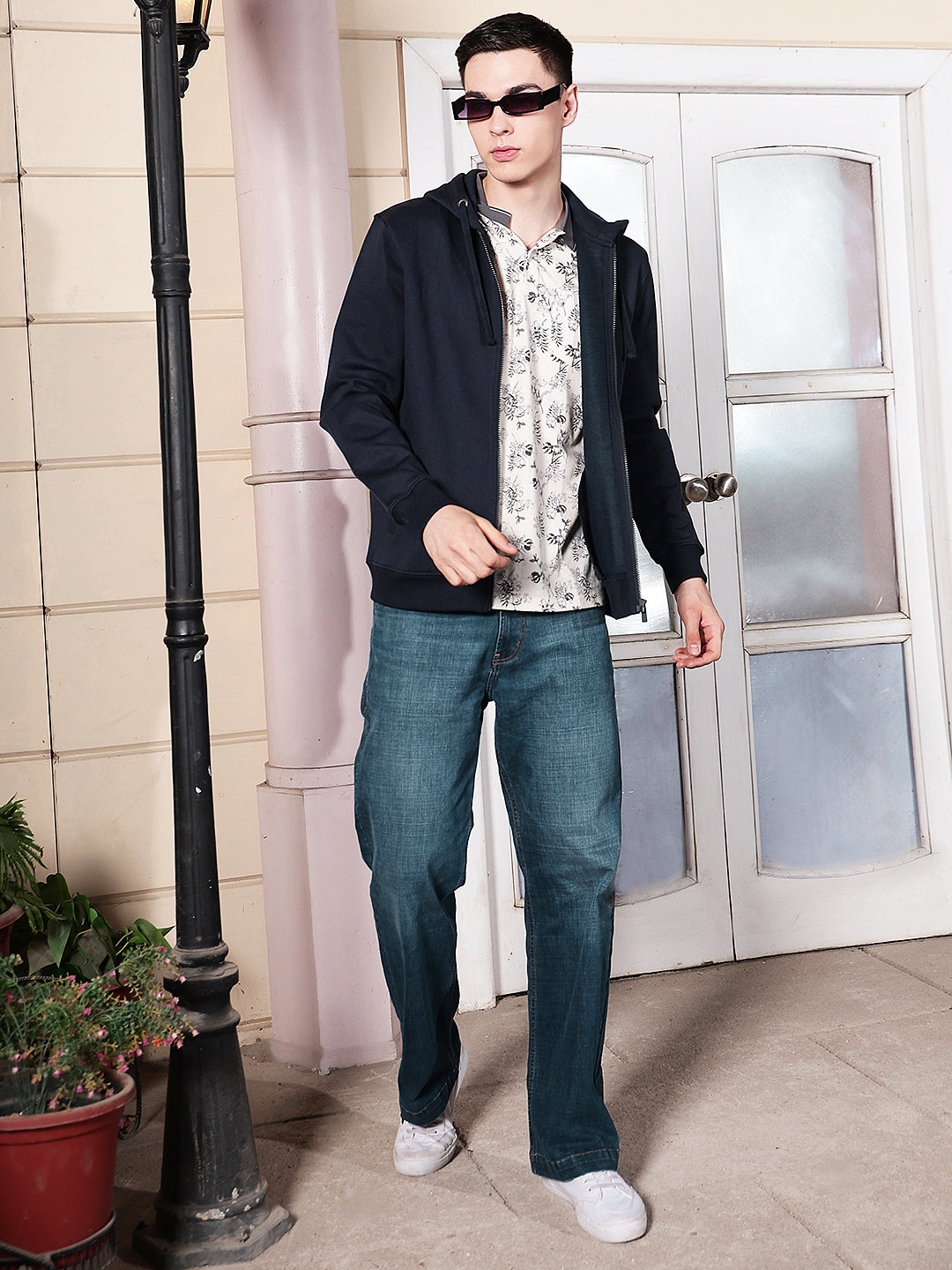 Navy Blue Hooded Neck Front Open Sweatshirt
