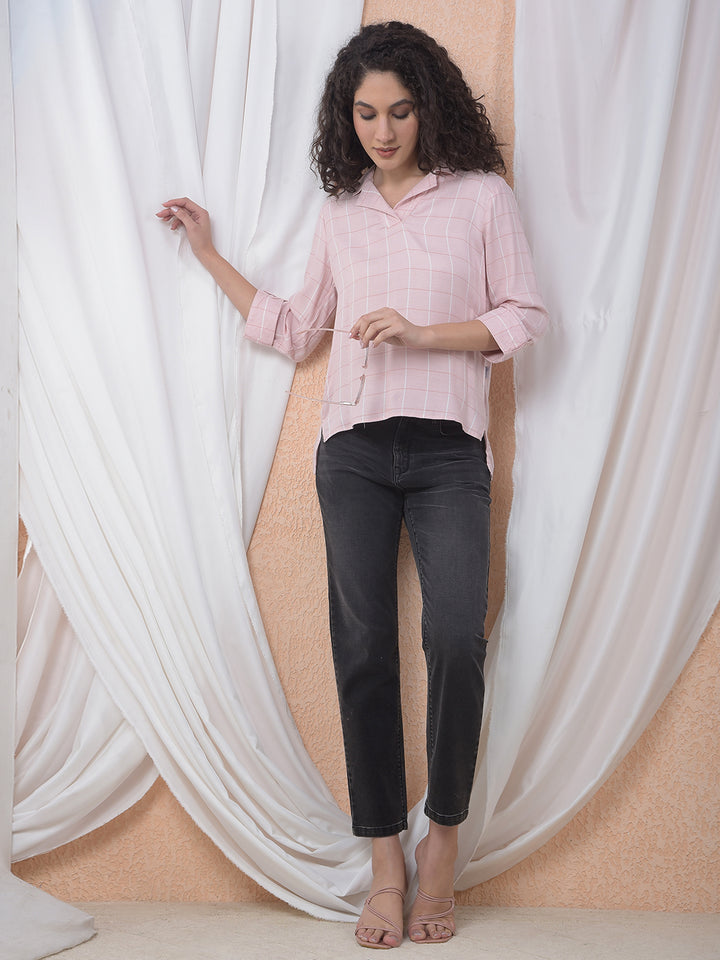 Peach Checked Resort-Collar Top