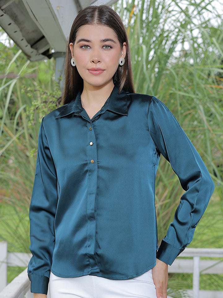 Structured Olive Green Satin Shirt