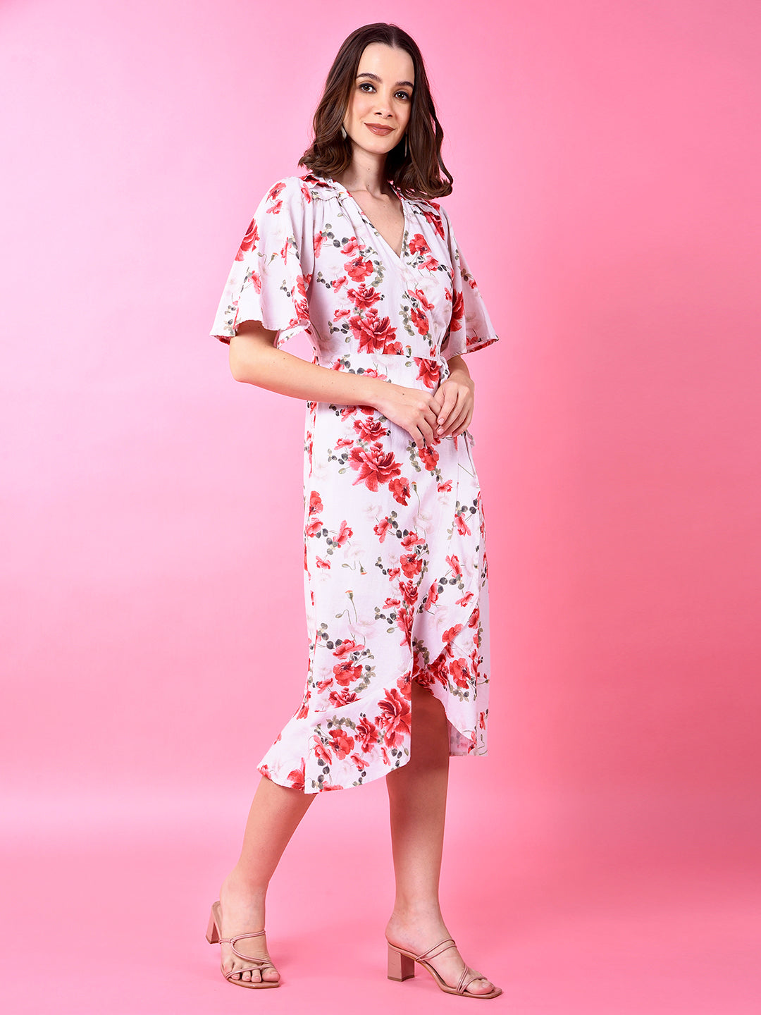 Red Floral Print V-Neck Linen Dress-Women Dress-Crimsoune Club