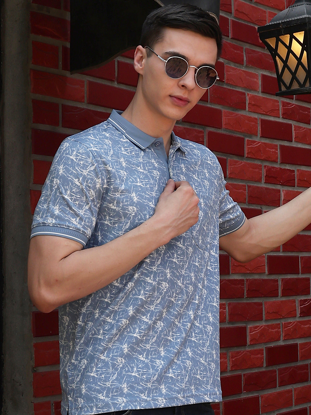 Blue Printed Polo Neck T-Shirt