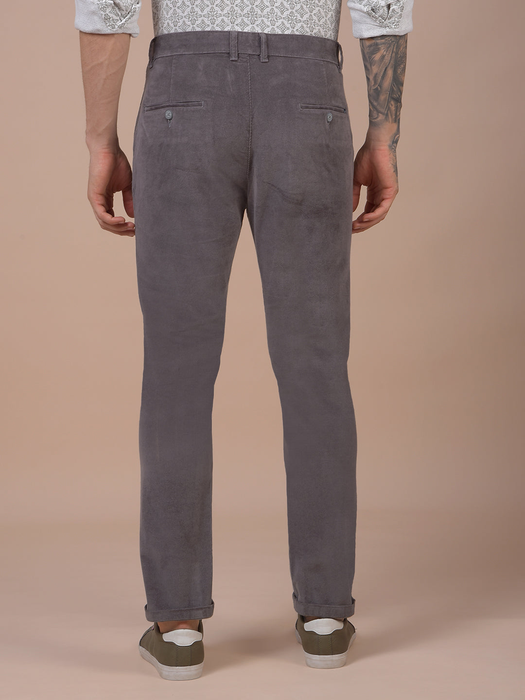 Grey Printed Corduroy Trousers