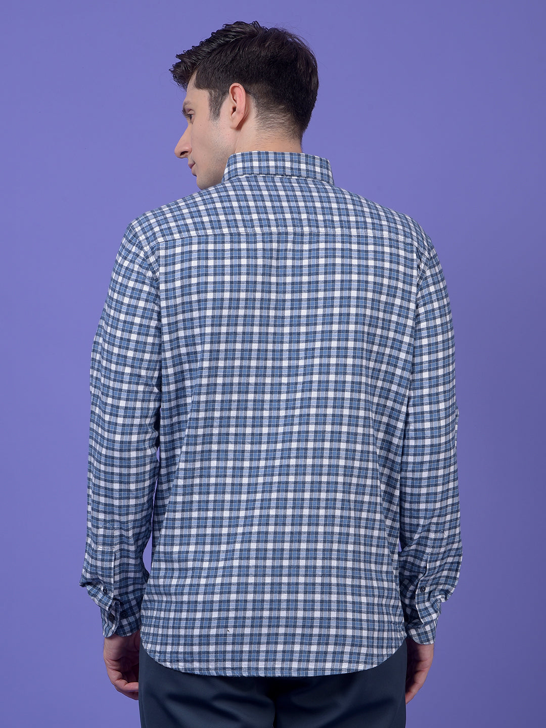 Blue Checked Button-Down Collar 100% Cotton Shirt