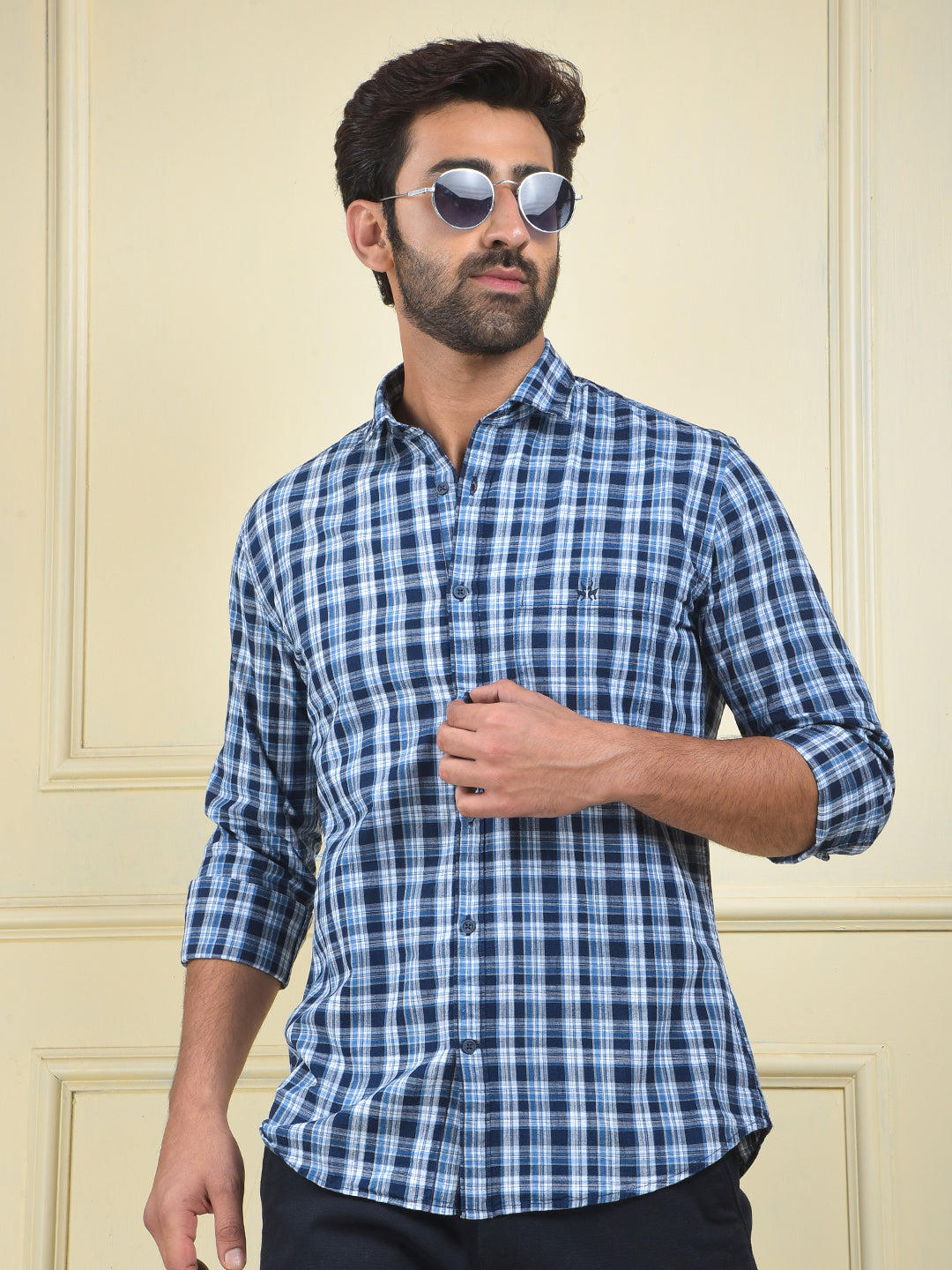 Navy Blue Checked 100% Cotton Shirt