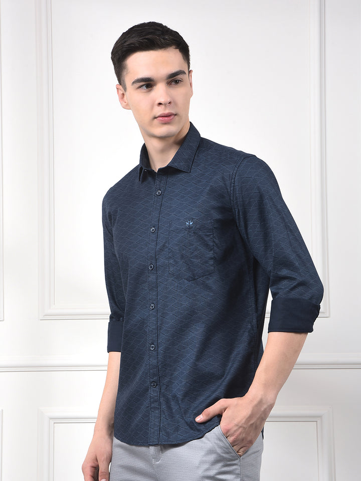 Navy Blue Printed 100% Cotton Shirt