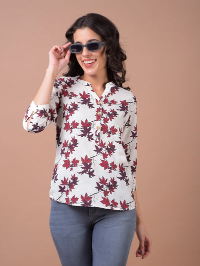 White Floral Print V-Neck Linen Top