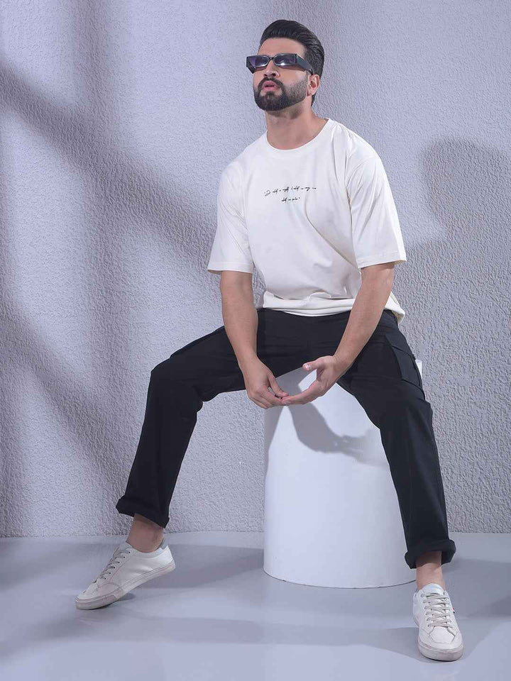 White Typographic Print 100% Cotton Oversize T-Shirt