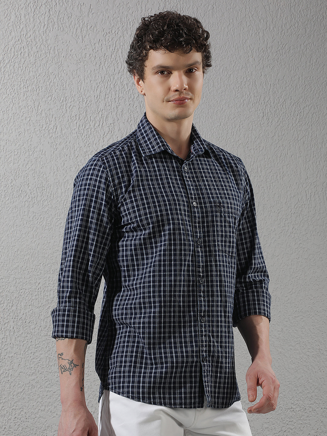 Navy Blue 100% Cotton Checked Shirt