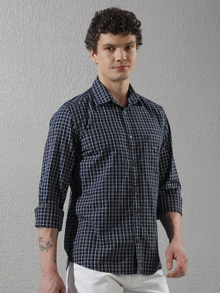 Navy Blue 100% Cotton Checked Shirt