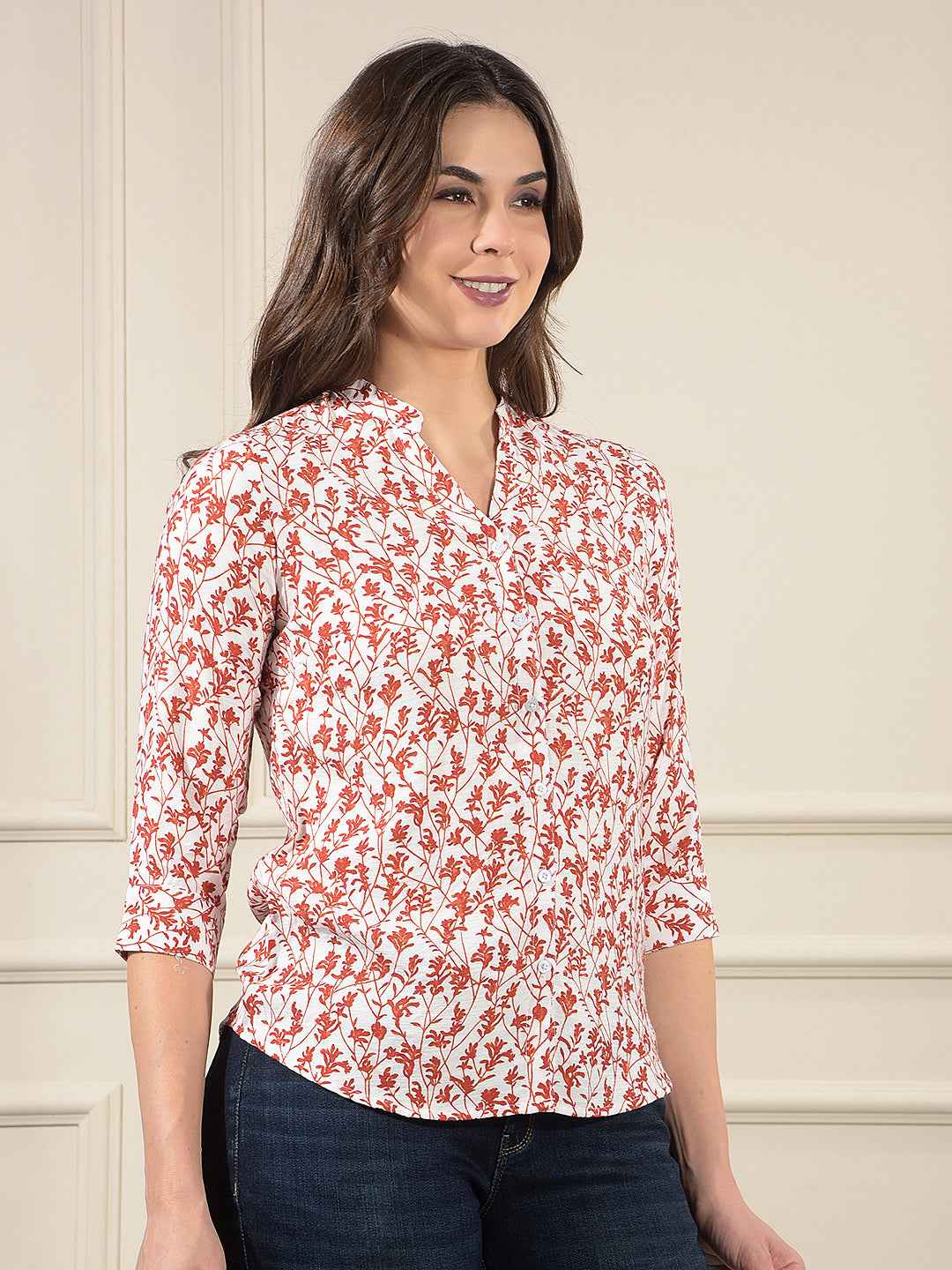 Red Floral Print V-Neck Shirt