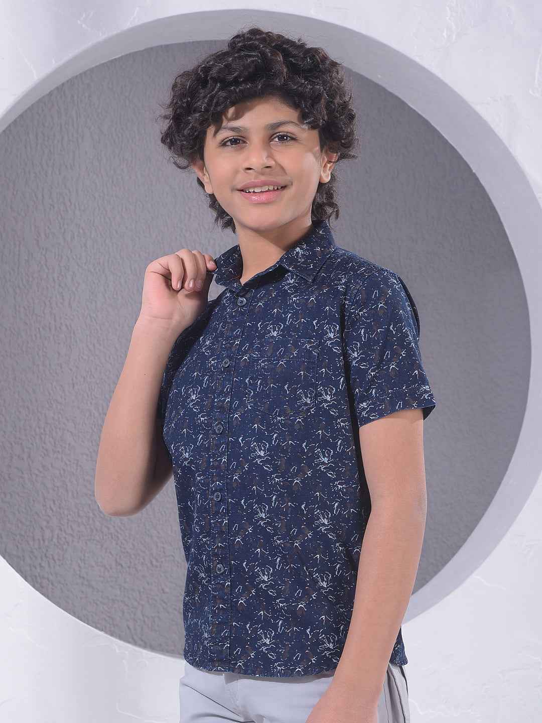 Navy Blue Floral Print 100% Cotton Shirt