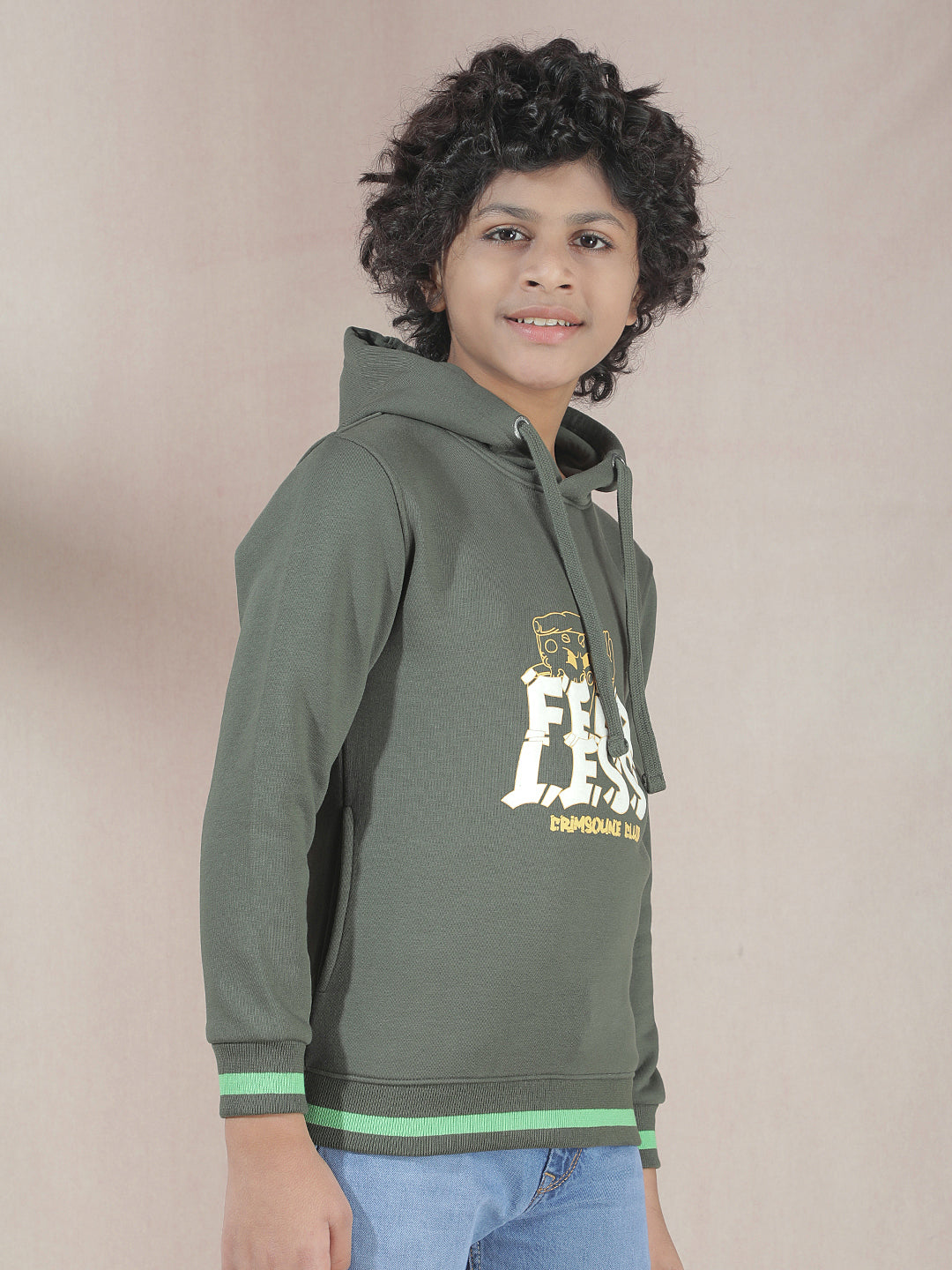 Olive Typographic Print Hooded Neck Sweatshirt