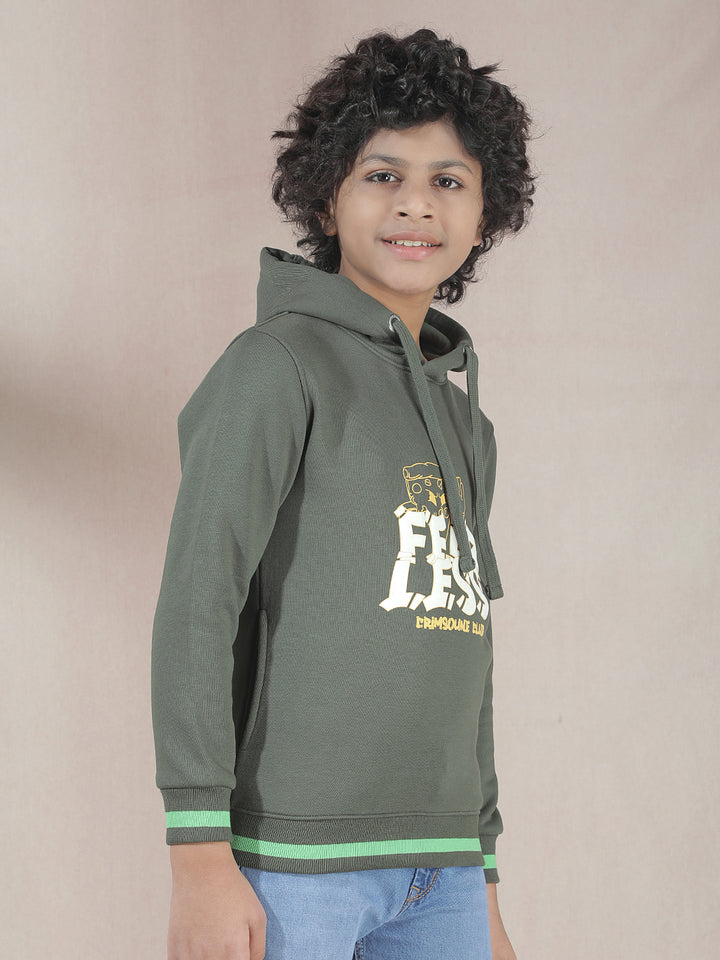 Olive Typographic Print Hooded Neck Sweatshirt