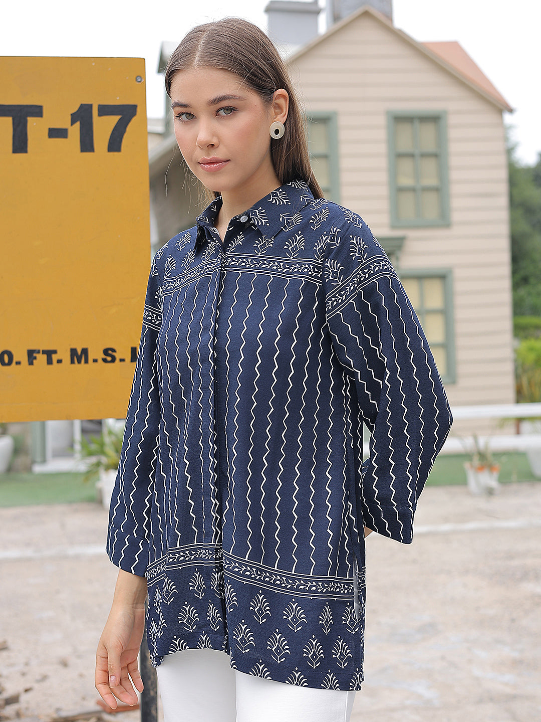 Navy Blue Motifs Print Shirt
