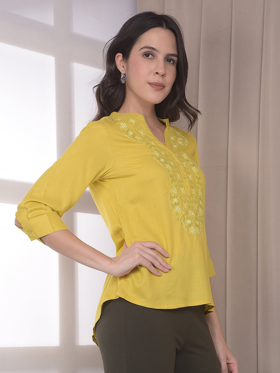 Mustard Embroidered V-Neck Top