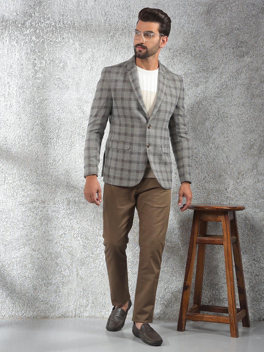 Grey Checked Notched Lapel Single-Breasted Blazer