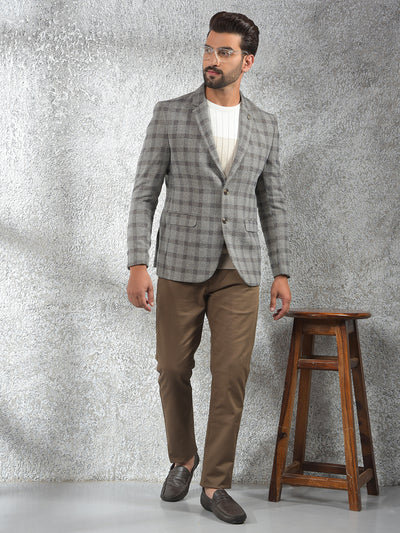 Grey Checked Notched Lapel Single-Breasted Blazer